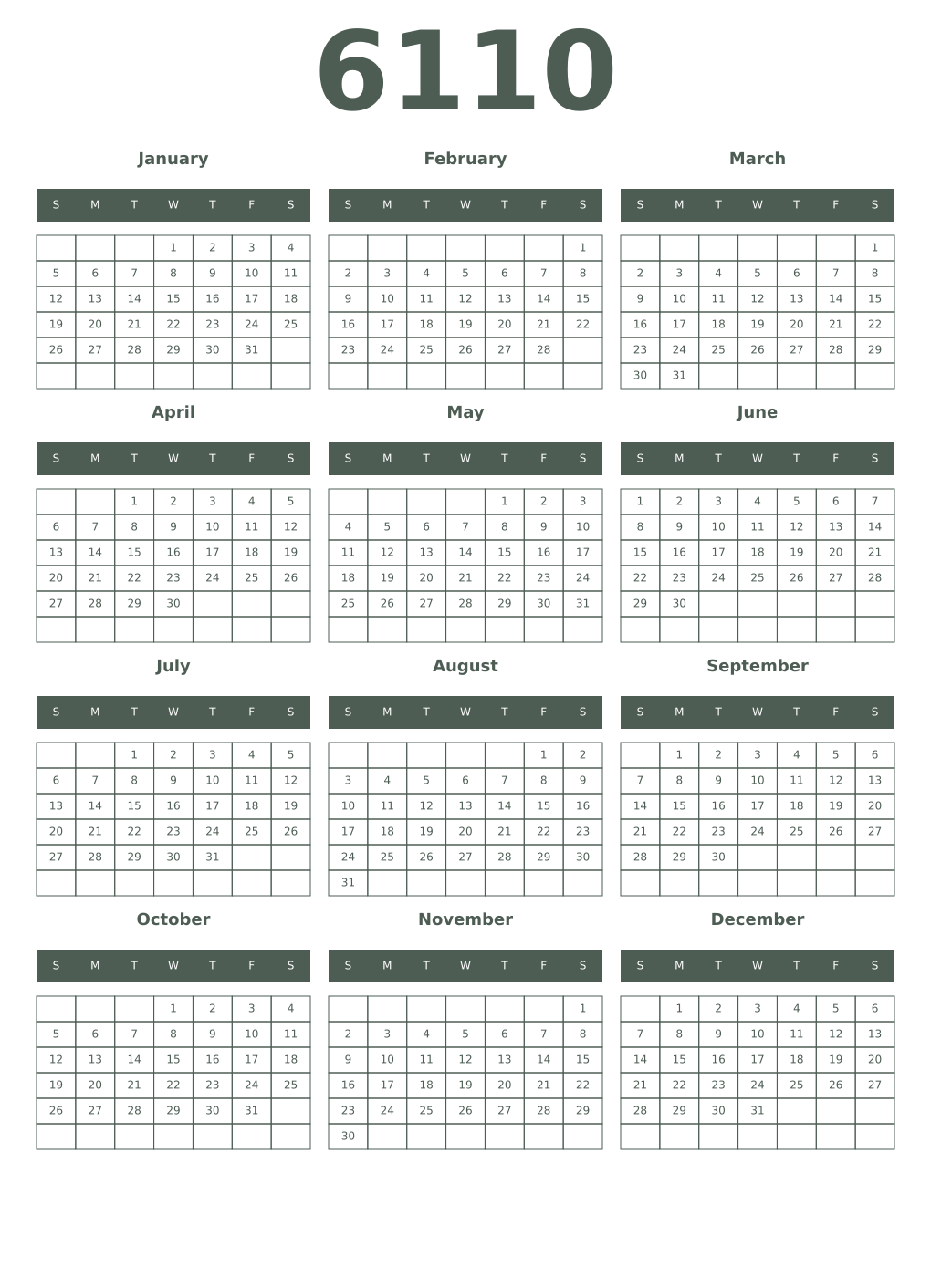 Printable 6110 Year Calendars feldgrau