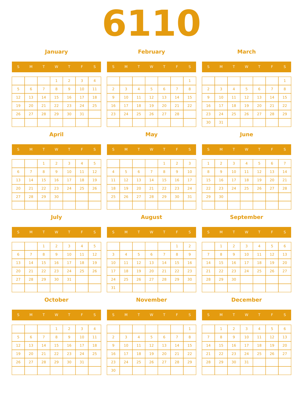 Printable 6110 Year Calendars gamboge