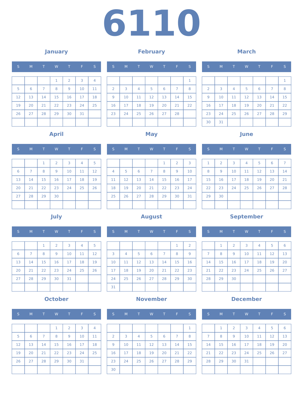 Printable 6110 Year Calendars glaucous