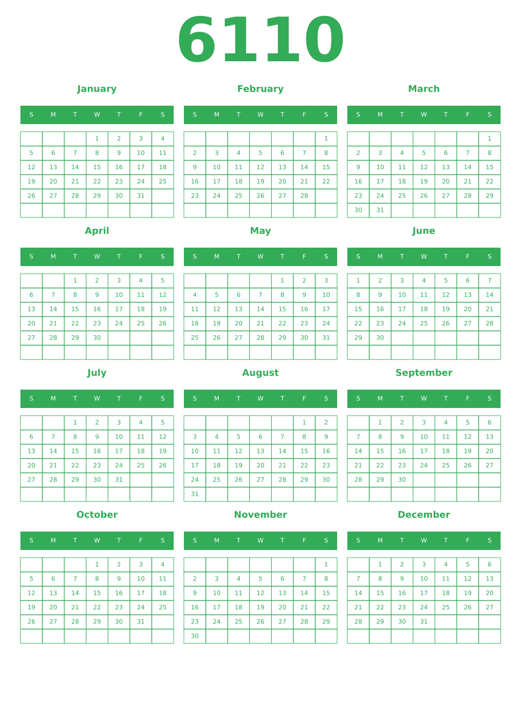 Printable 6110 Year Calendars green
