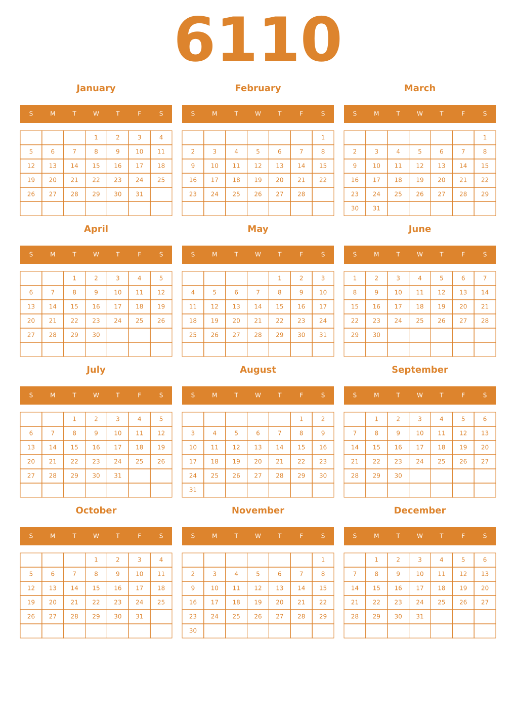 Printable 6110 Year Calendars orange