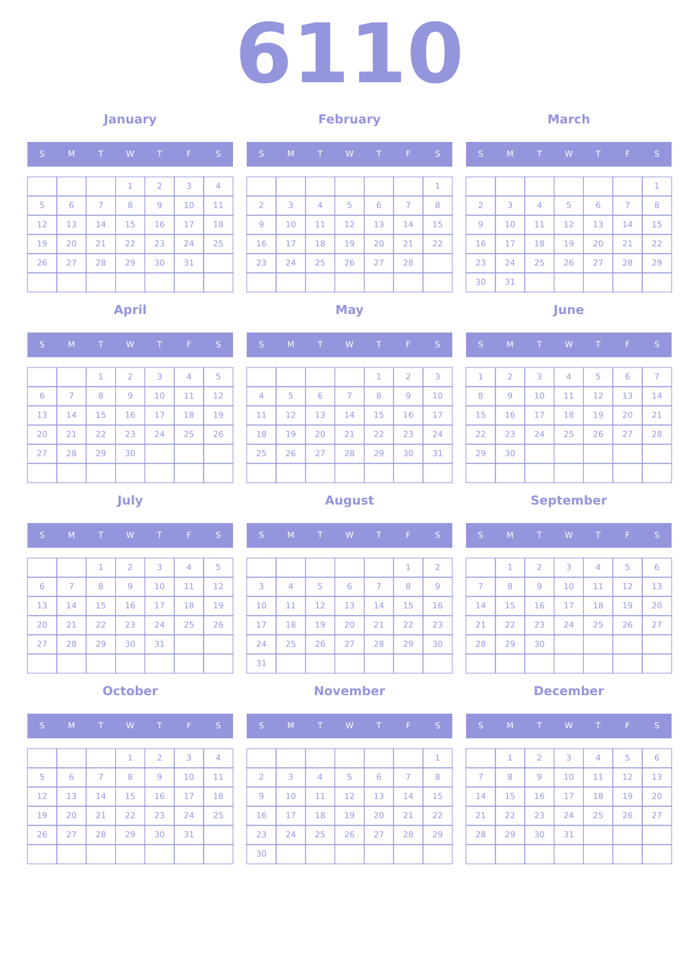 Printable 6110 Year Calendars periwinkle