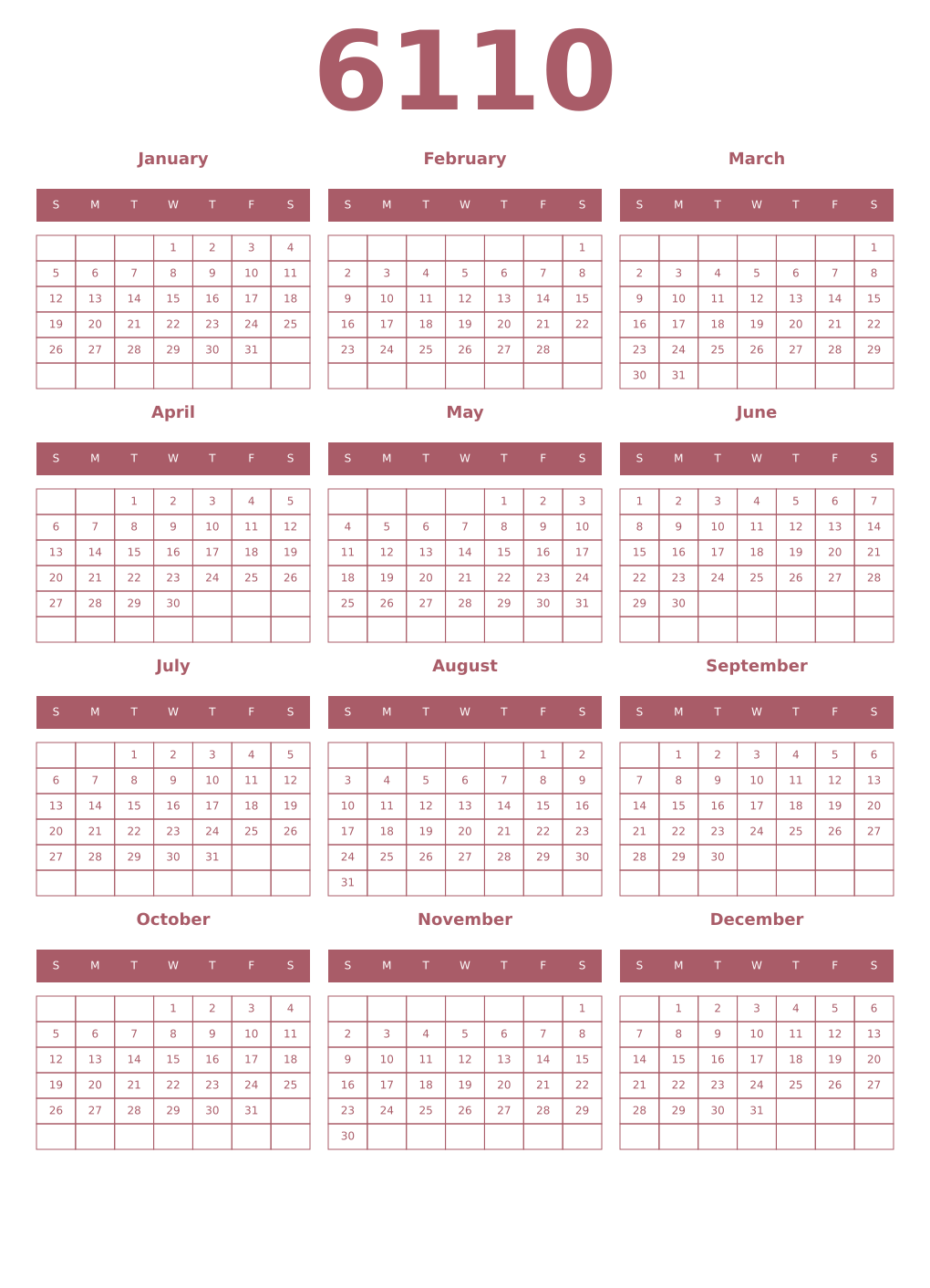Printable 6110 Year Calendars puce