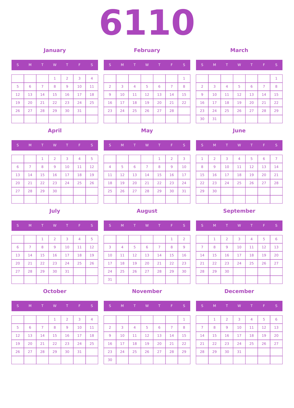 Printable 6110 Year Calendars purple
