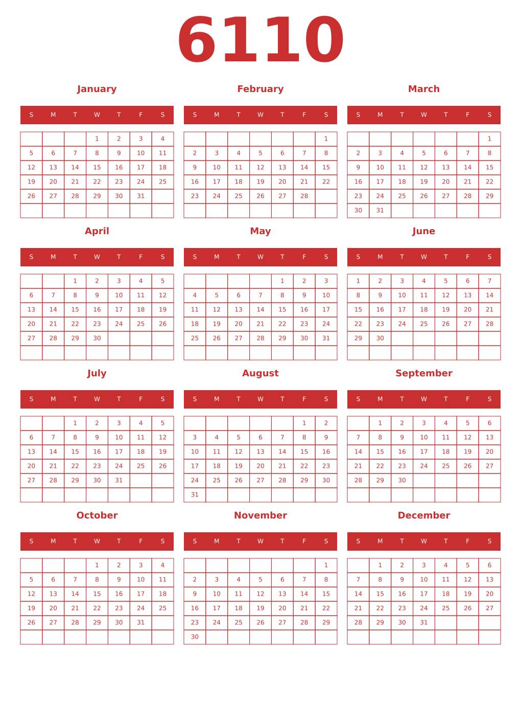Printable 6110 Year Calendars red