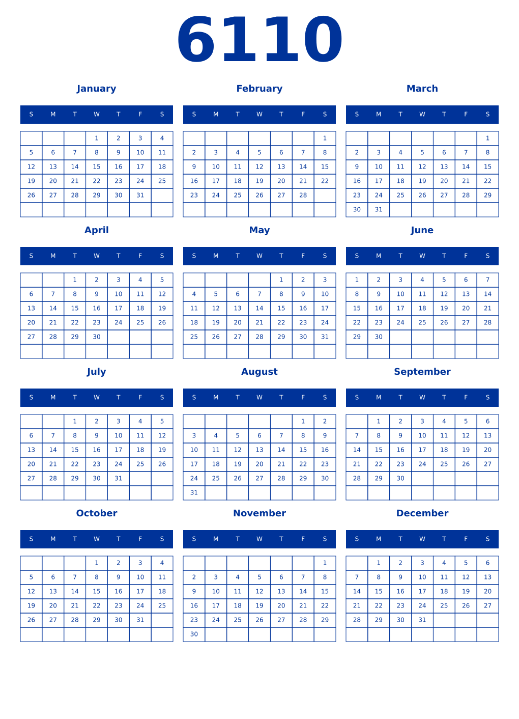 Printable 6110 Year Calendars smalt