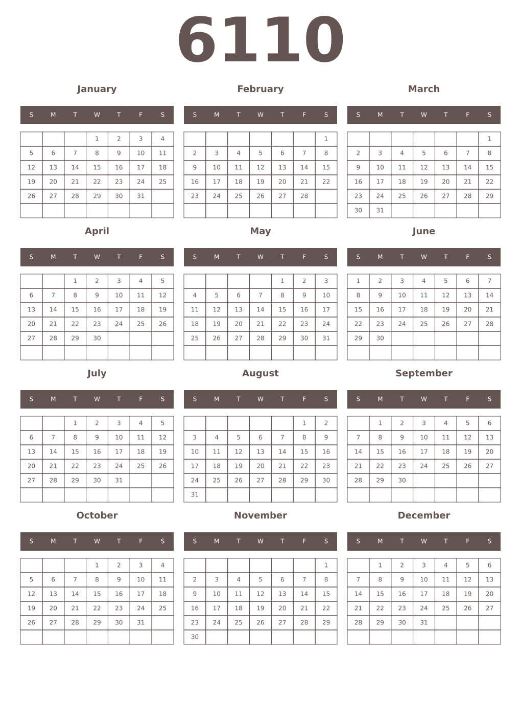 Printable 6110 Year Calendars wenge