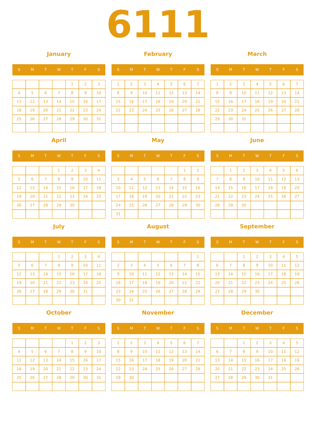 Printable 6111 Year Calendars gamboge