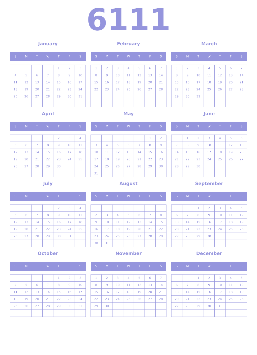 Printable 6111 Year Calendars periwinkle