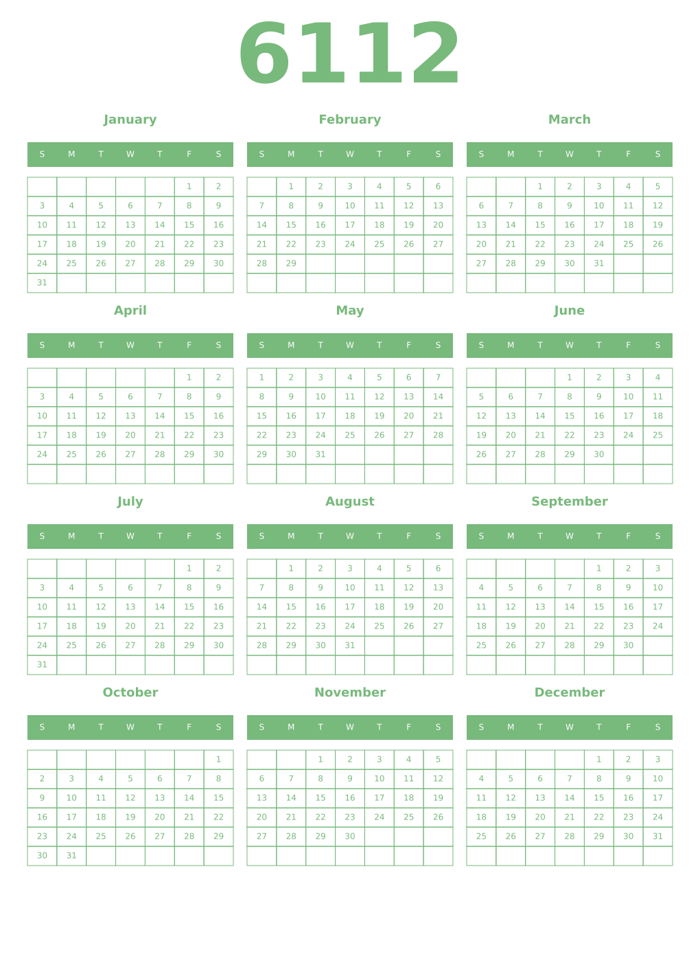 Printable 6112 Year Calendars celadon