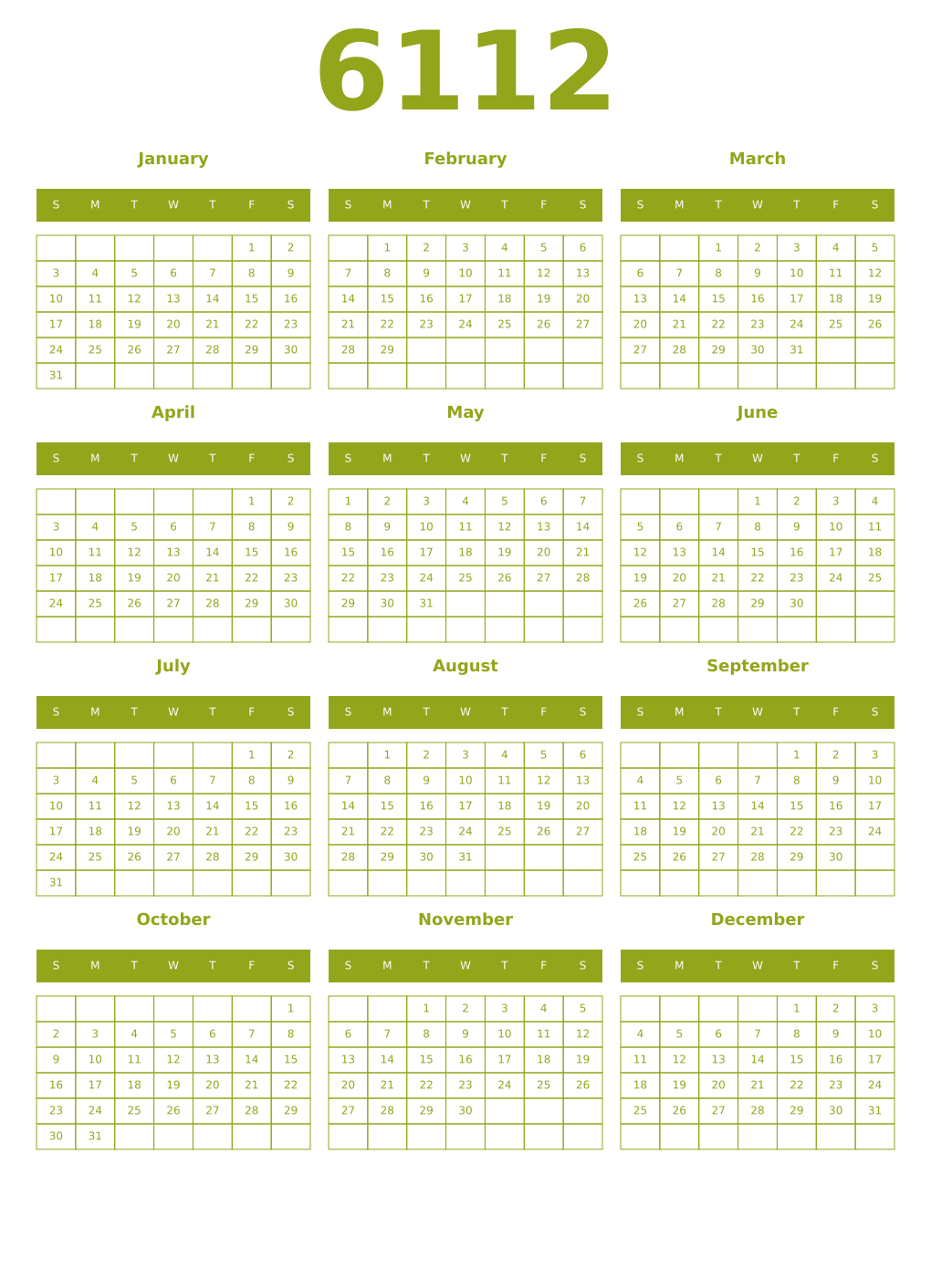 Printable 6112 Year Calendars chartreuse