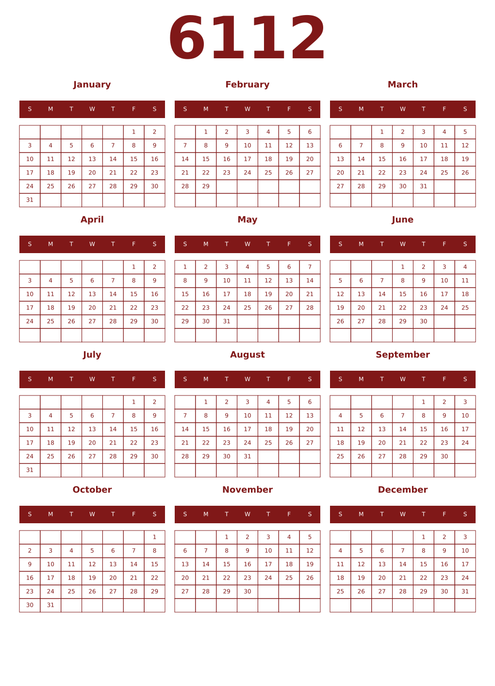 Printable 6112 Year Calendars falu