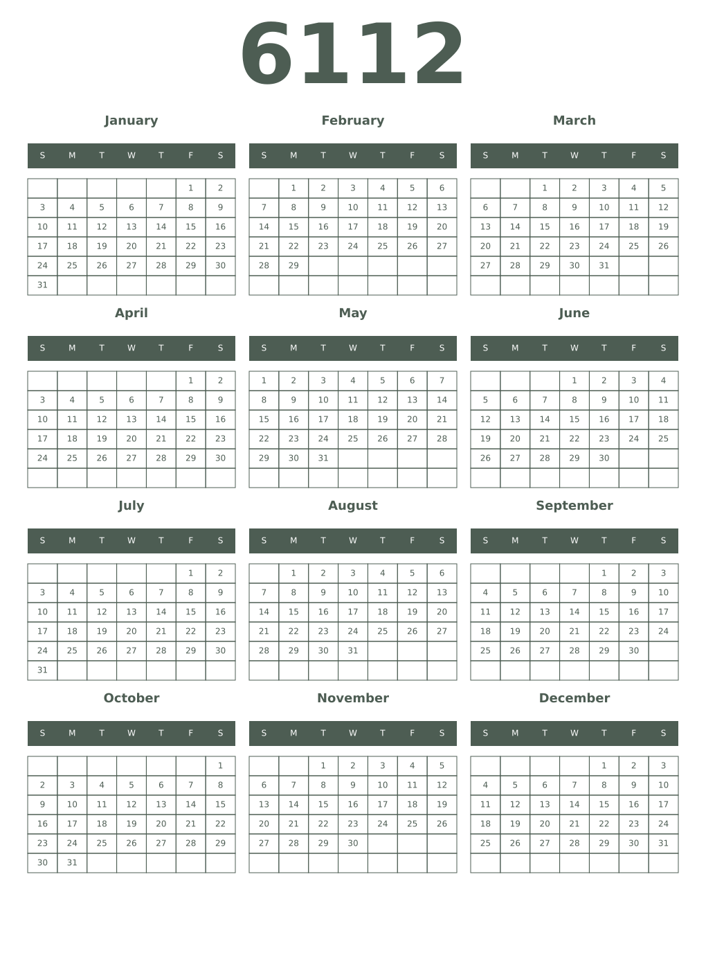Printable 6112 Year Calendars feldgrau