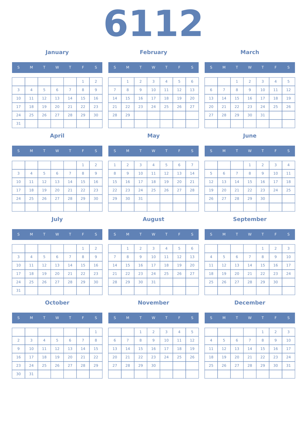 Printable 6112 Year Calendars glaucous
