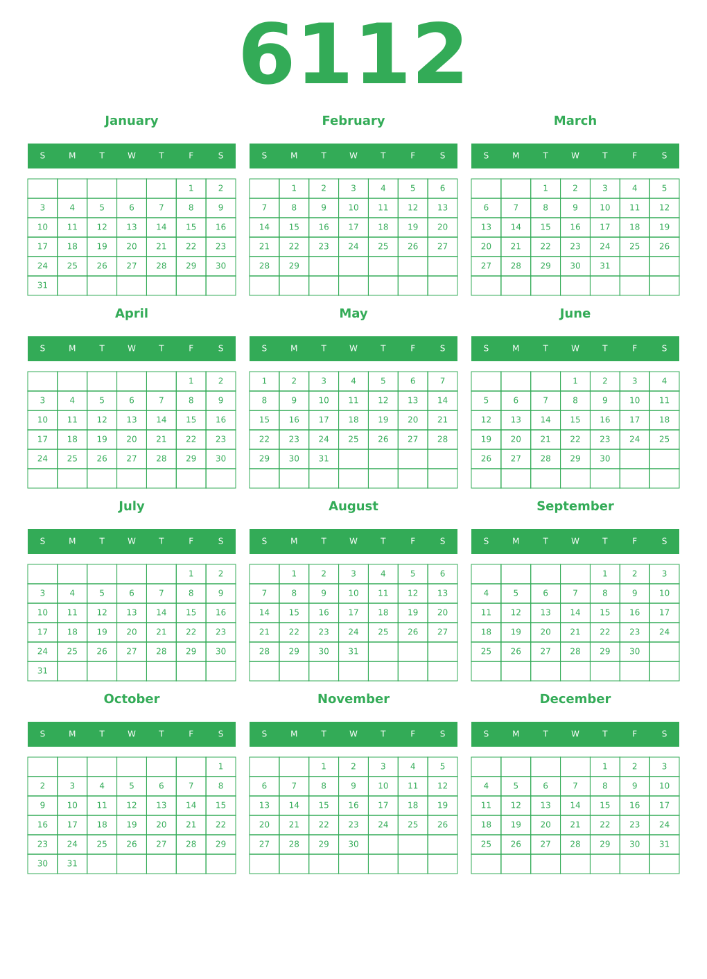 Printable 6112 Year Calendars green