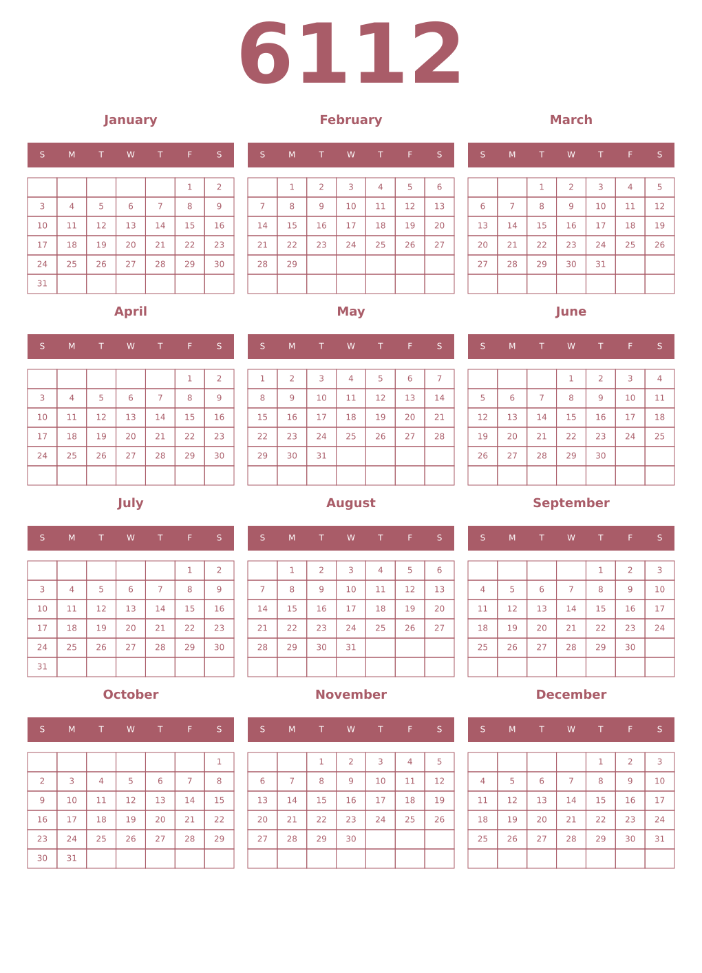 Printable 6112 Year Calendars puce