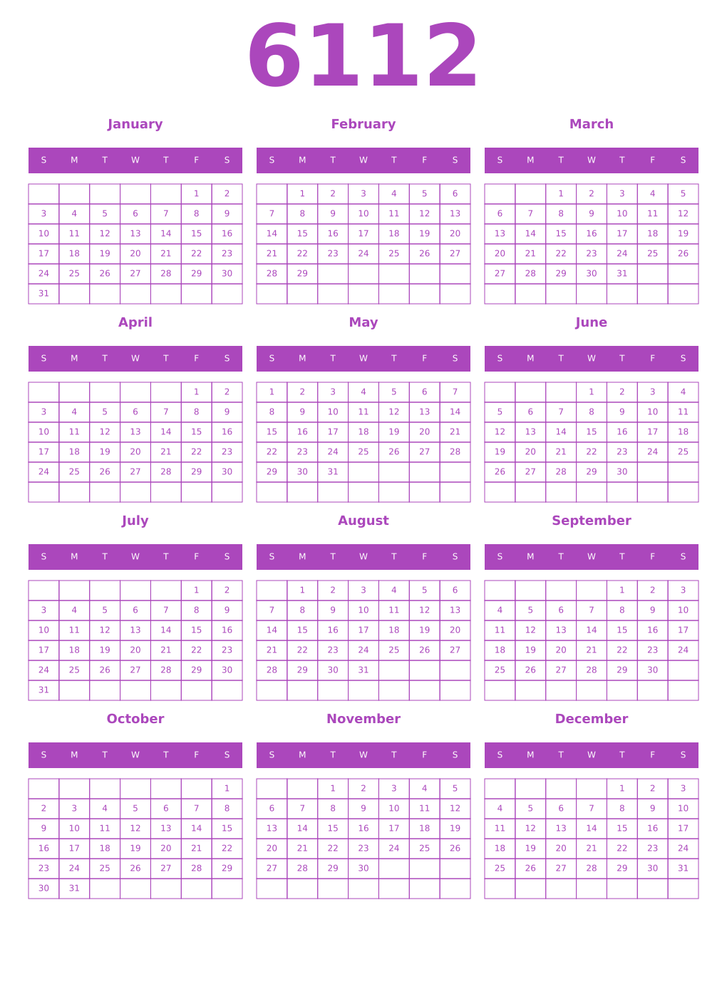 Printable 6112 Year Calendars purple