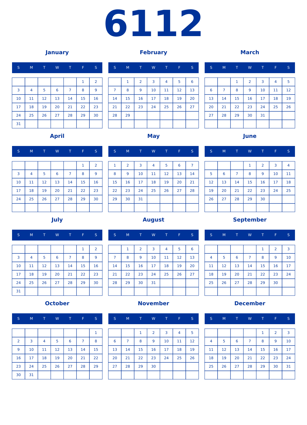 Printable 6112 Year Calendars smalt