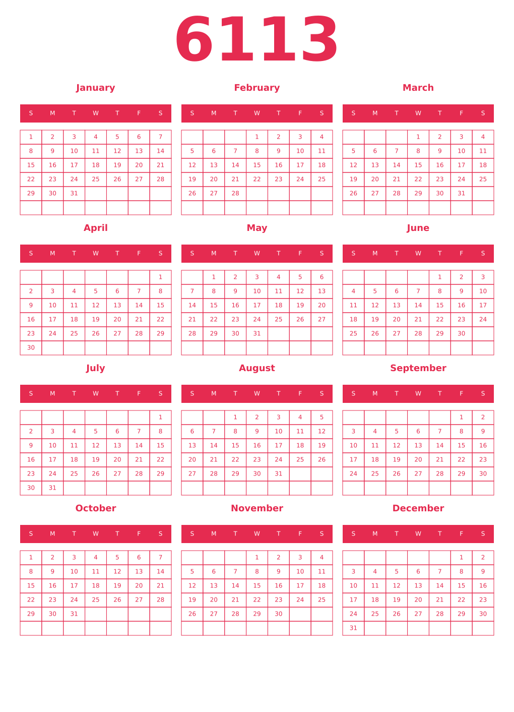 Printable 6113 Year Calendars amaranth