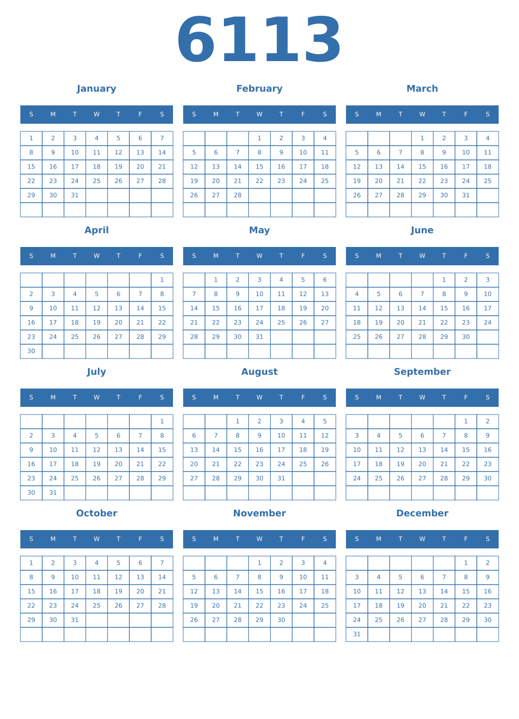 Printable 6113 Year Calendars blue