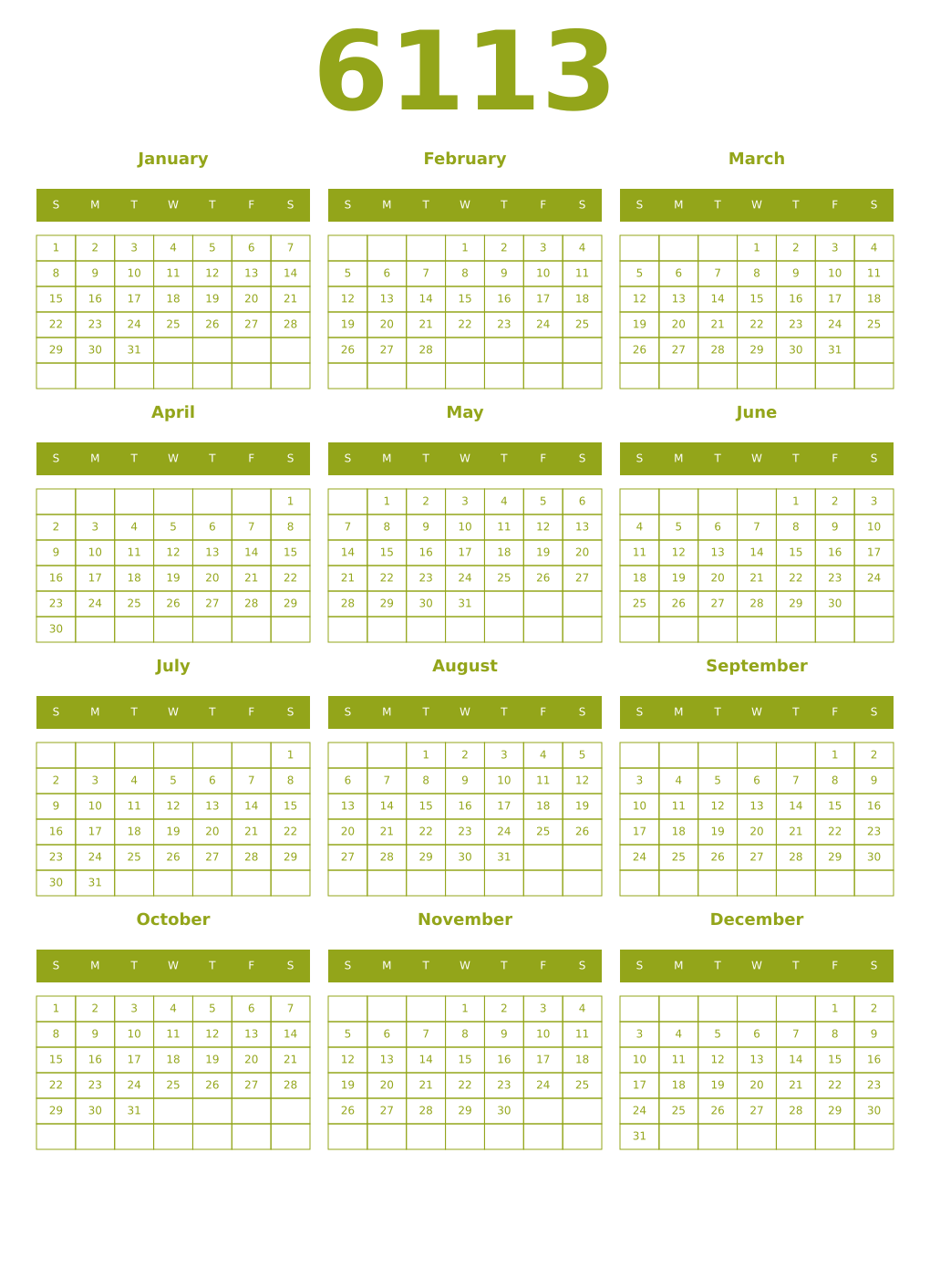 Printable 6113 Year Calendars chartreuse