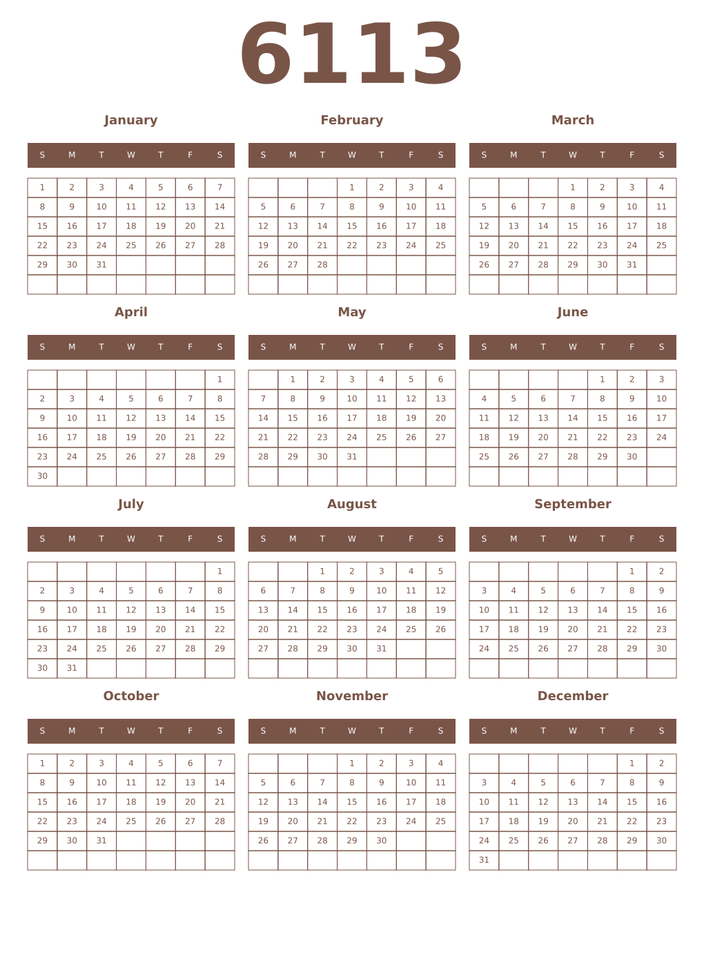 Printable 6113 Year Calendars coffe