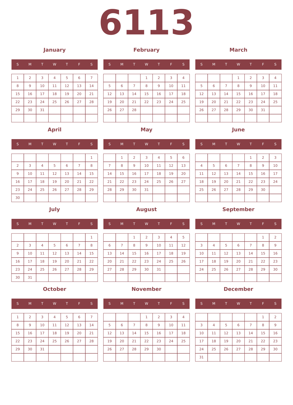Printable 6113 Year Calendars cordovan