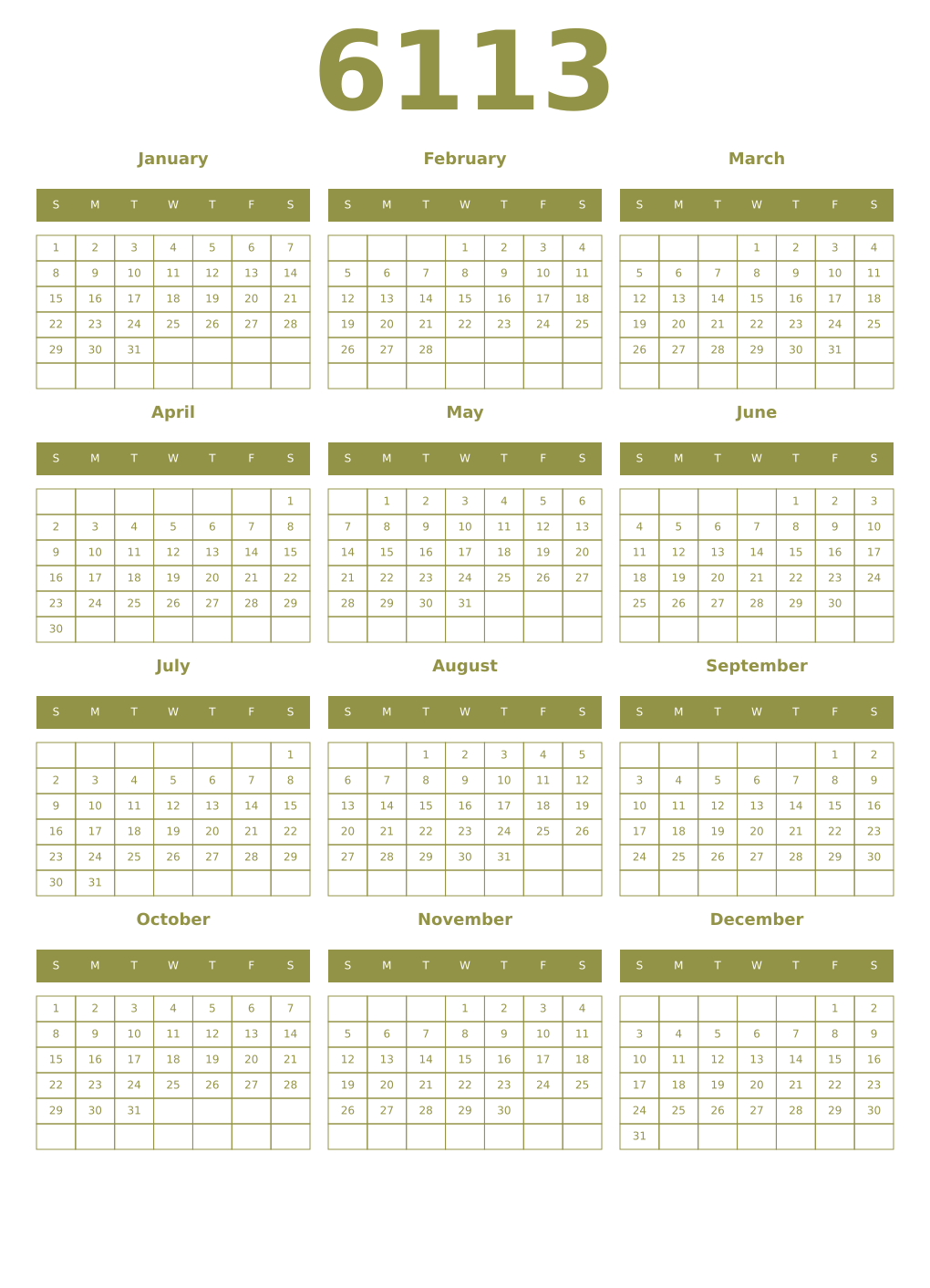 Printable 6113 Year Calendars eburnean