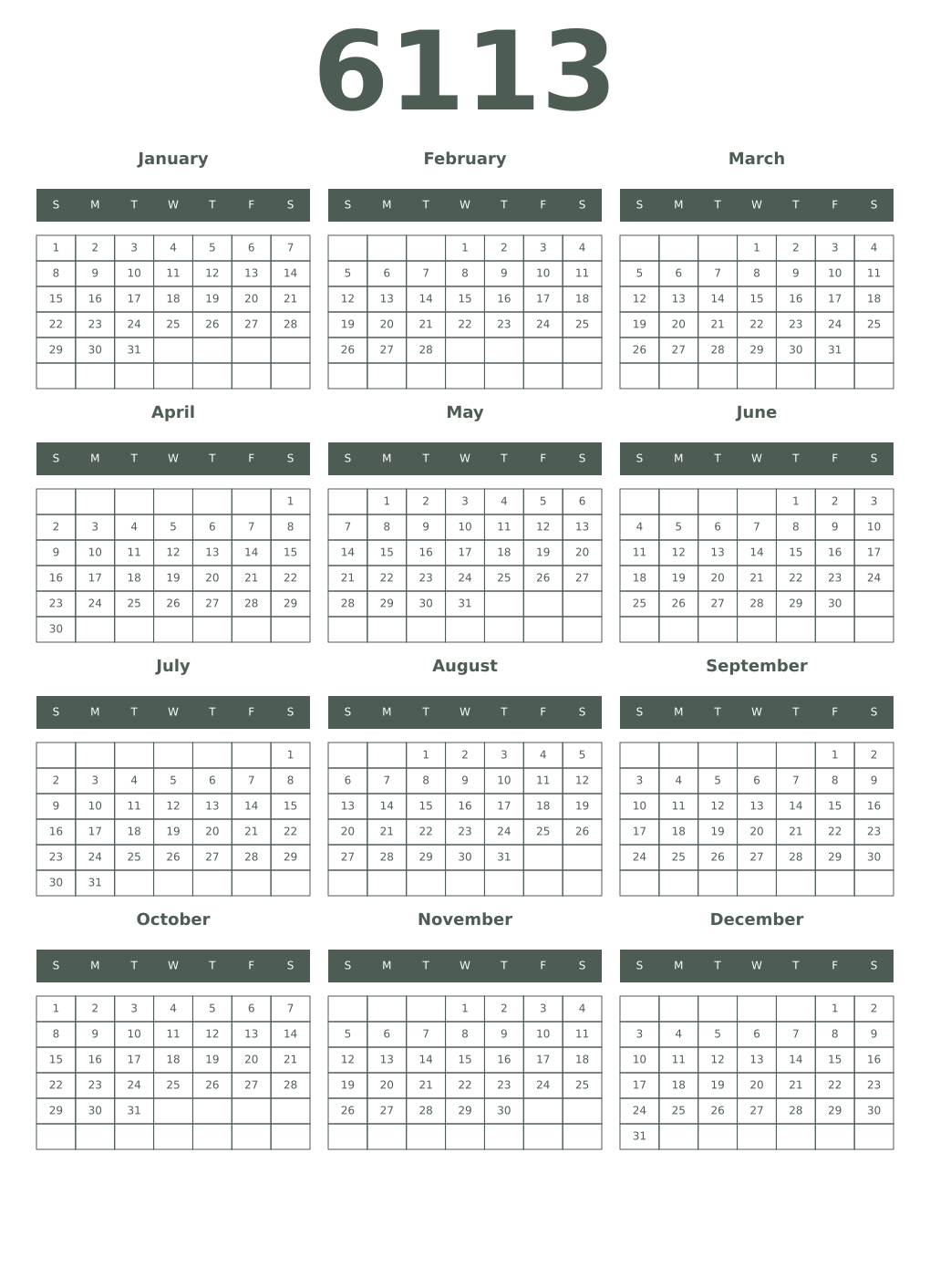 Printable 6113 Year Calendars feldgrau
