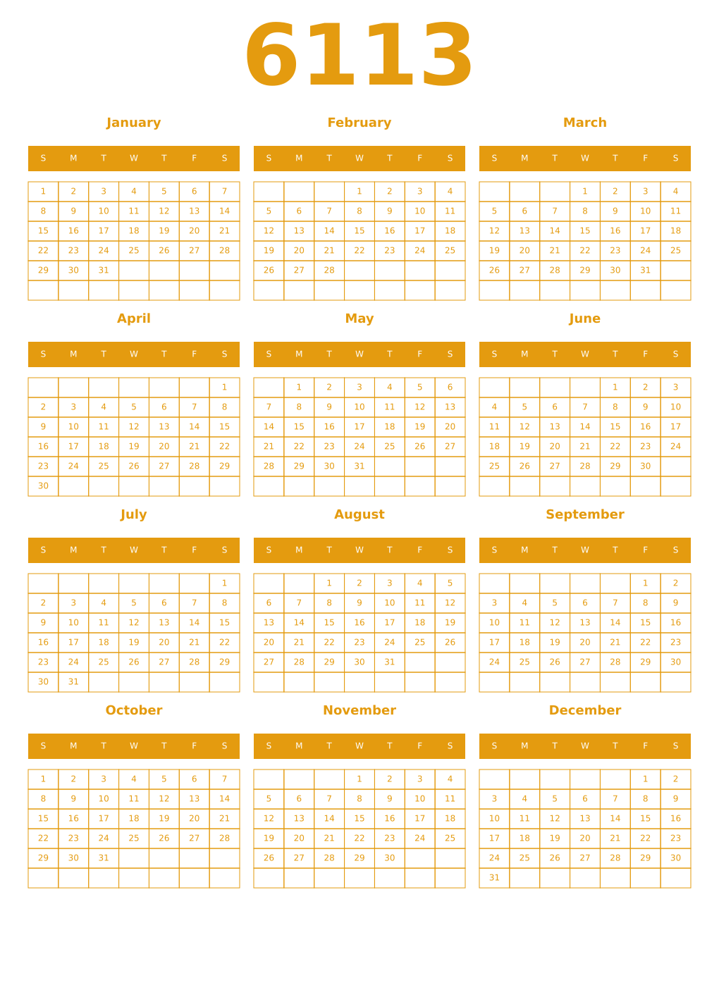 Printable 6113 Year Calendars gamboge