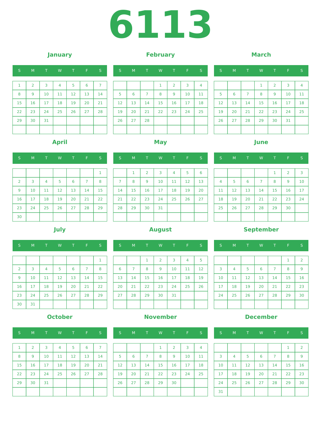 Printable 6113 Year Calendars green