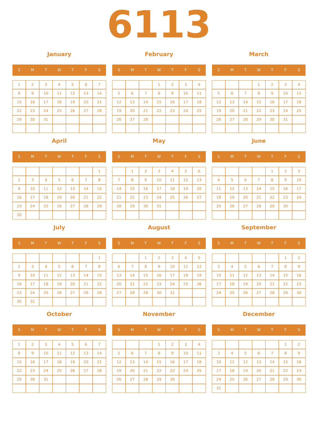 Printable 6113 Year Calendars orange