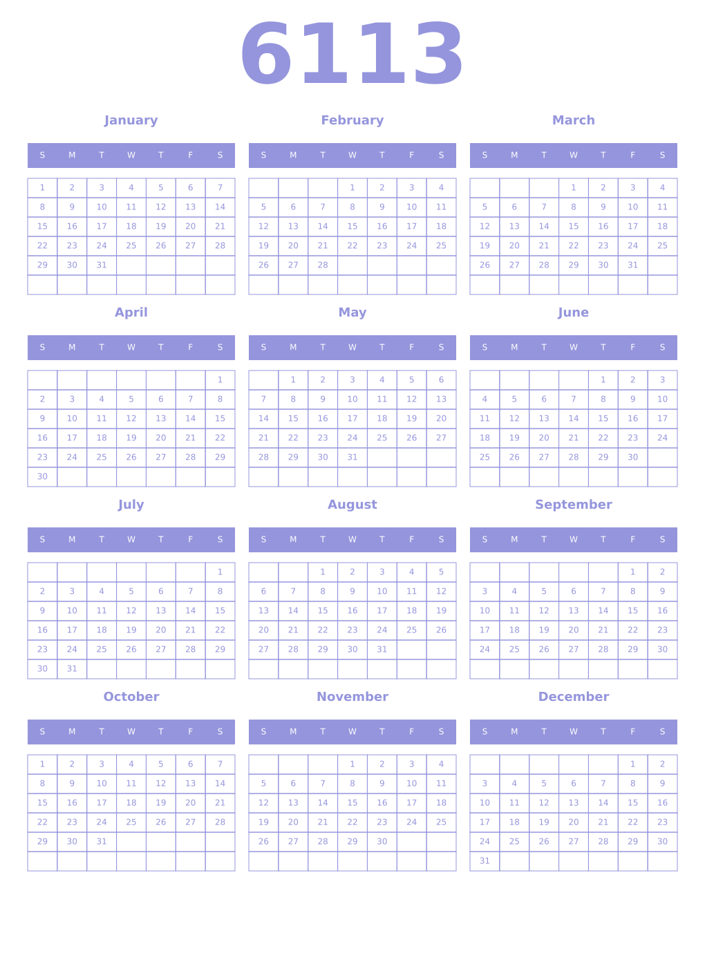 Printable 6113 Year Calendars periwinkle
