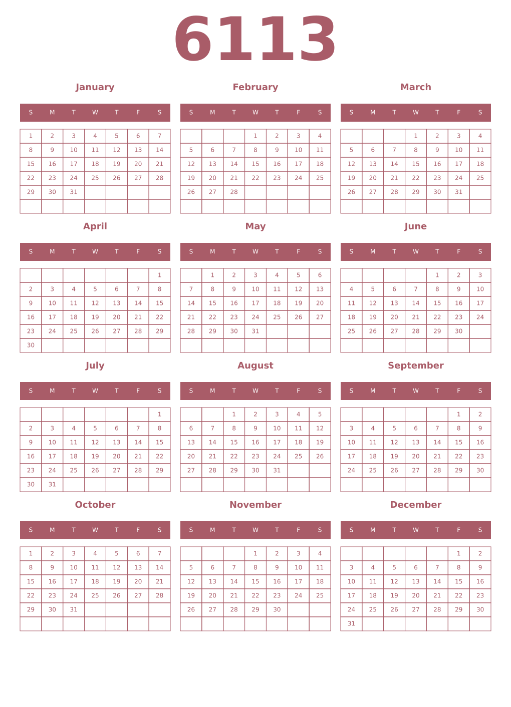 Printable 6113 Year Calendars puce