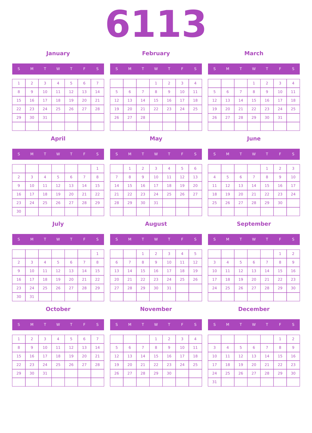 Printable 6113 Year Calendars purple