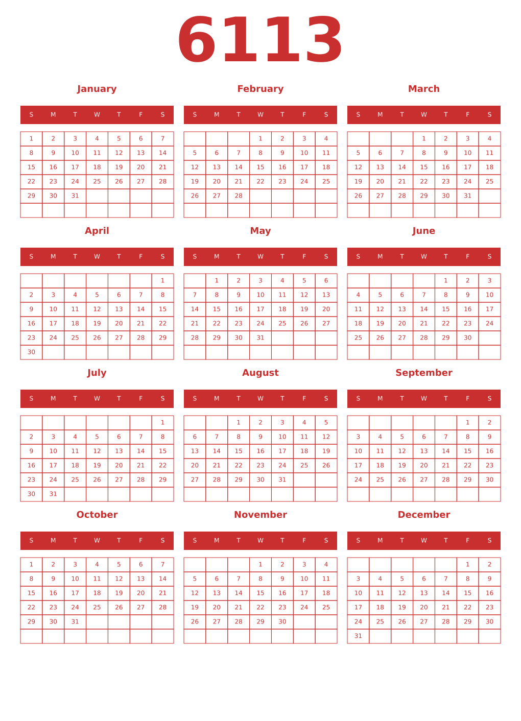Printable 6113 Year Calendars red