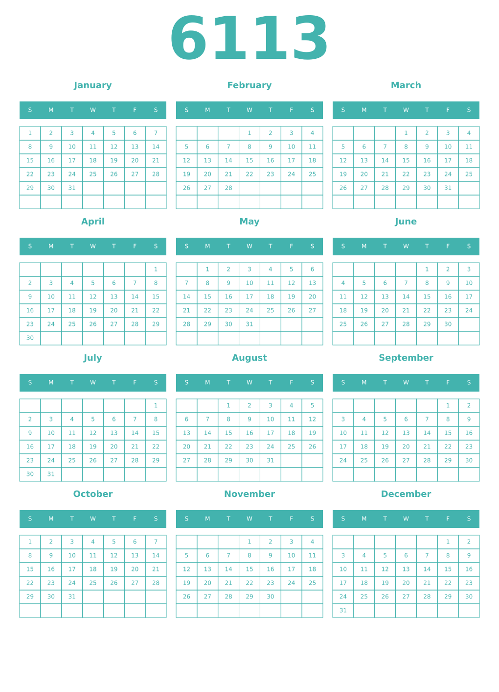 Printable 6113 Year Calendars verdigris