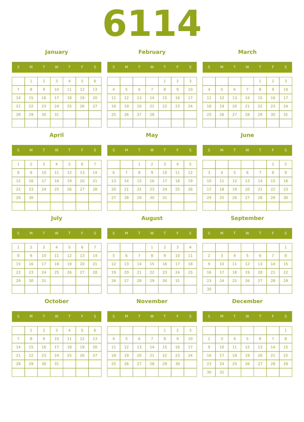 Printable 6114 Year Calendars chartreuse