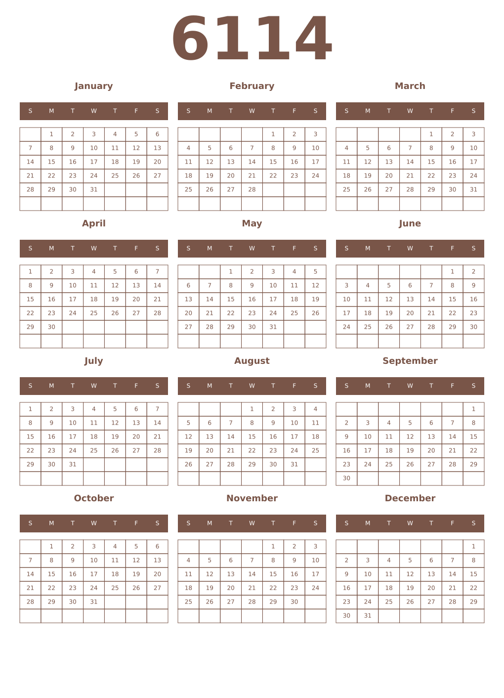 Printable 6114 Year Calendars coffe
