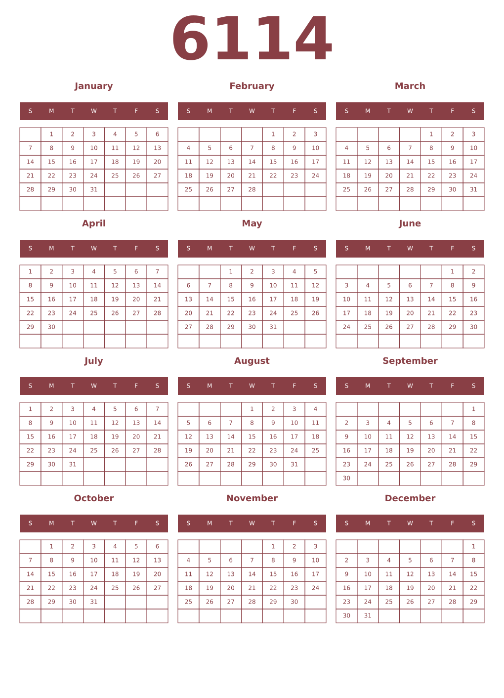 Printable 6114 Year Calendars cordovan