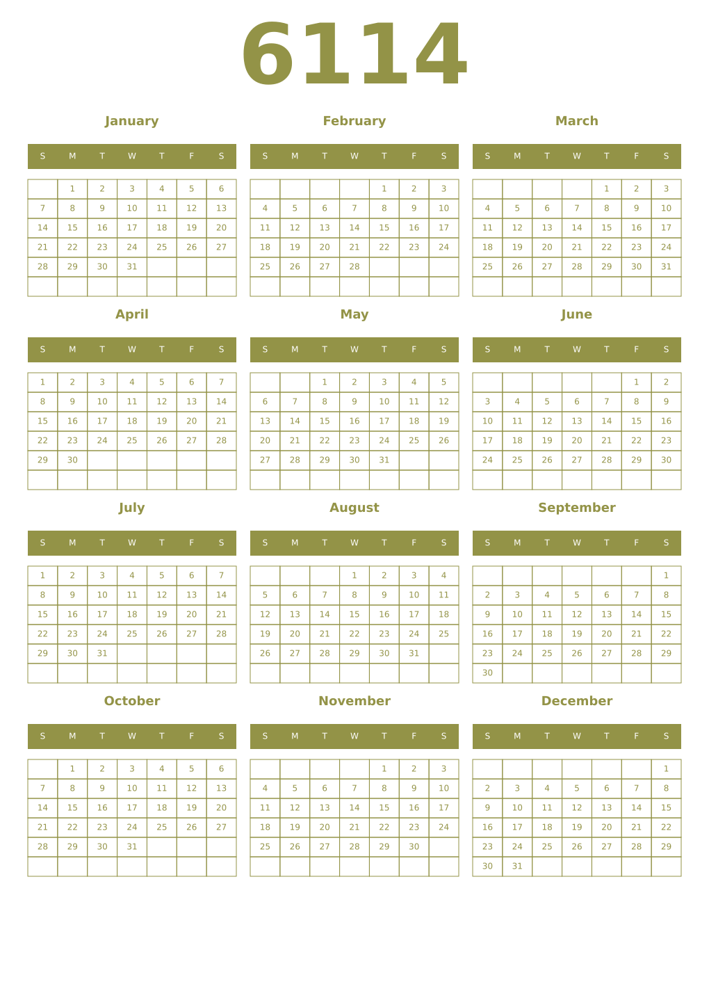 Printable 6114 Year Calendars eburnean