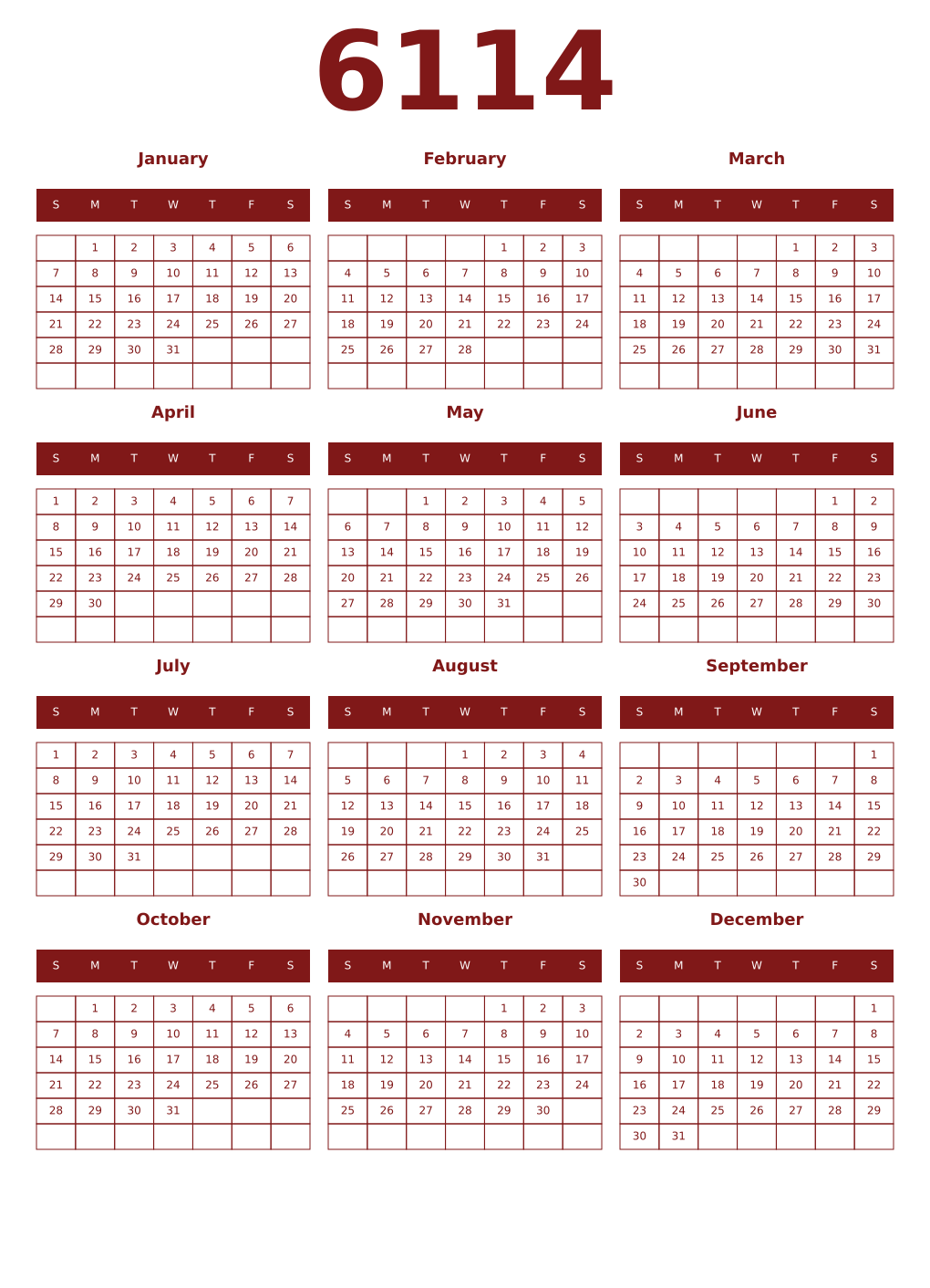 Printable 6114 Year Calendars falu