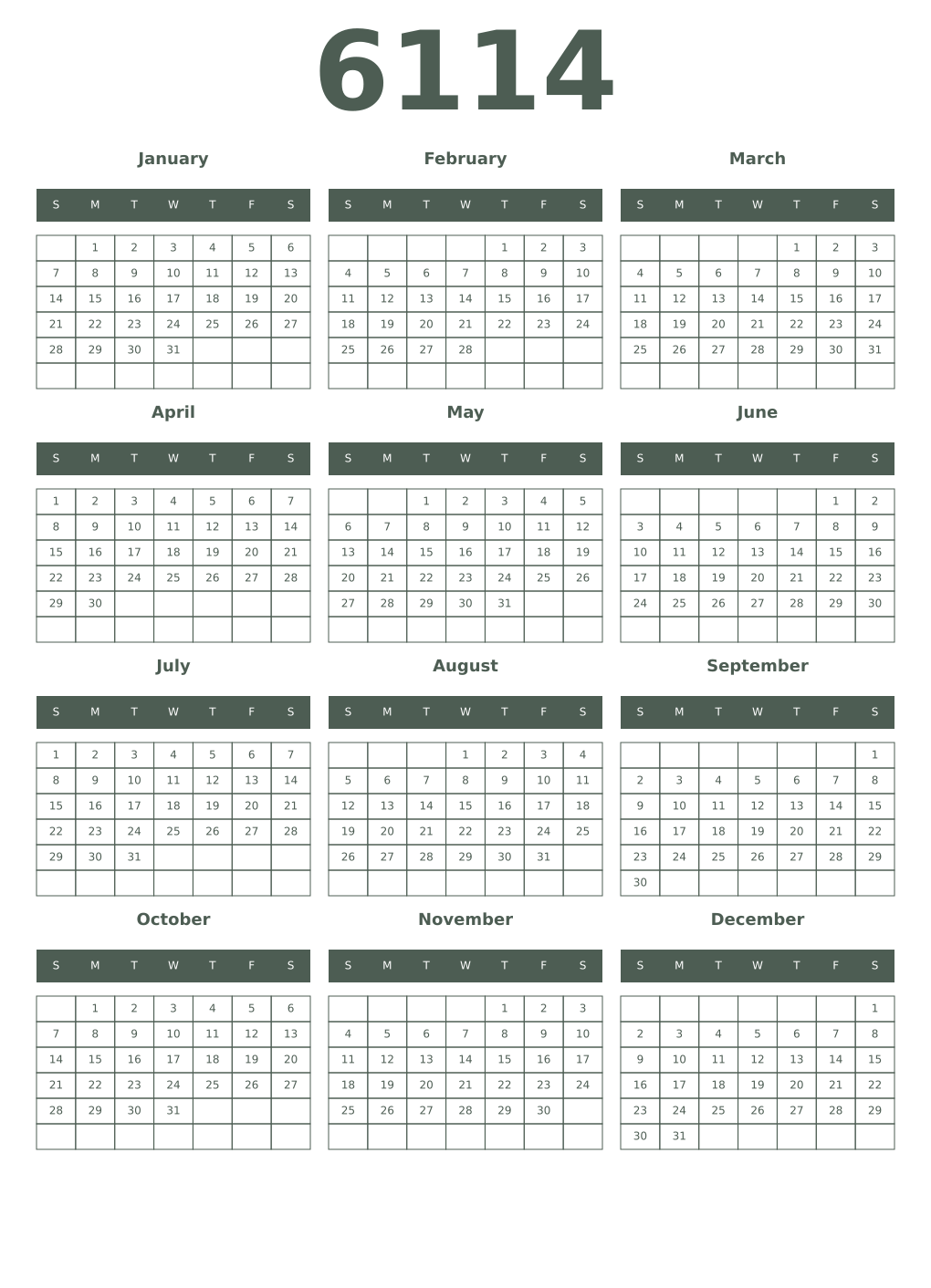 Printable 6114 Year Calendars feldgrau