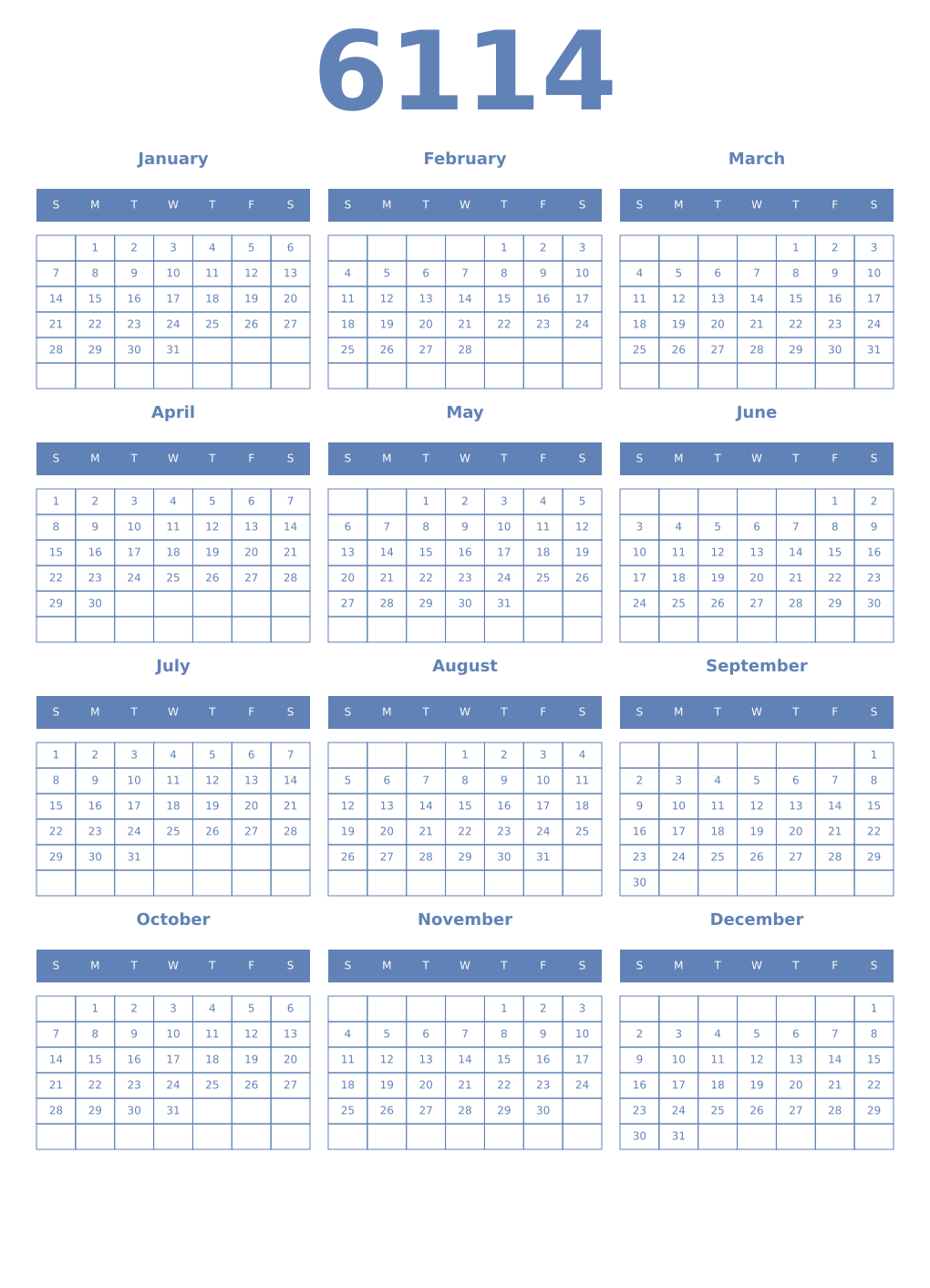 Printable 6114 Year Calendars glaucous