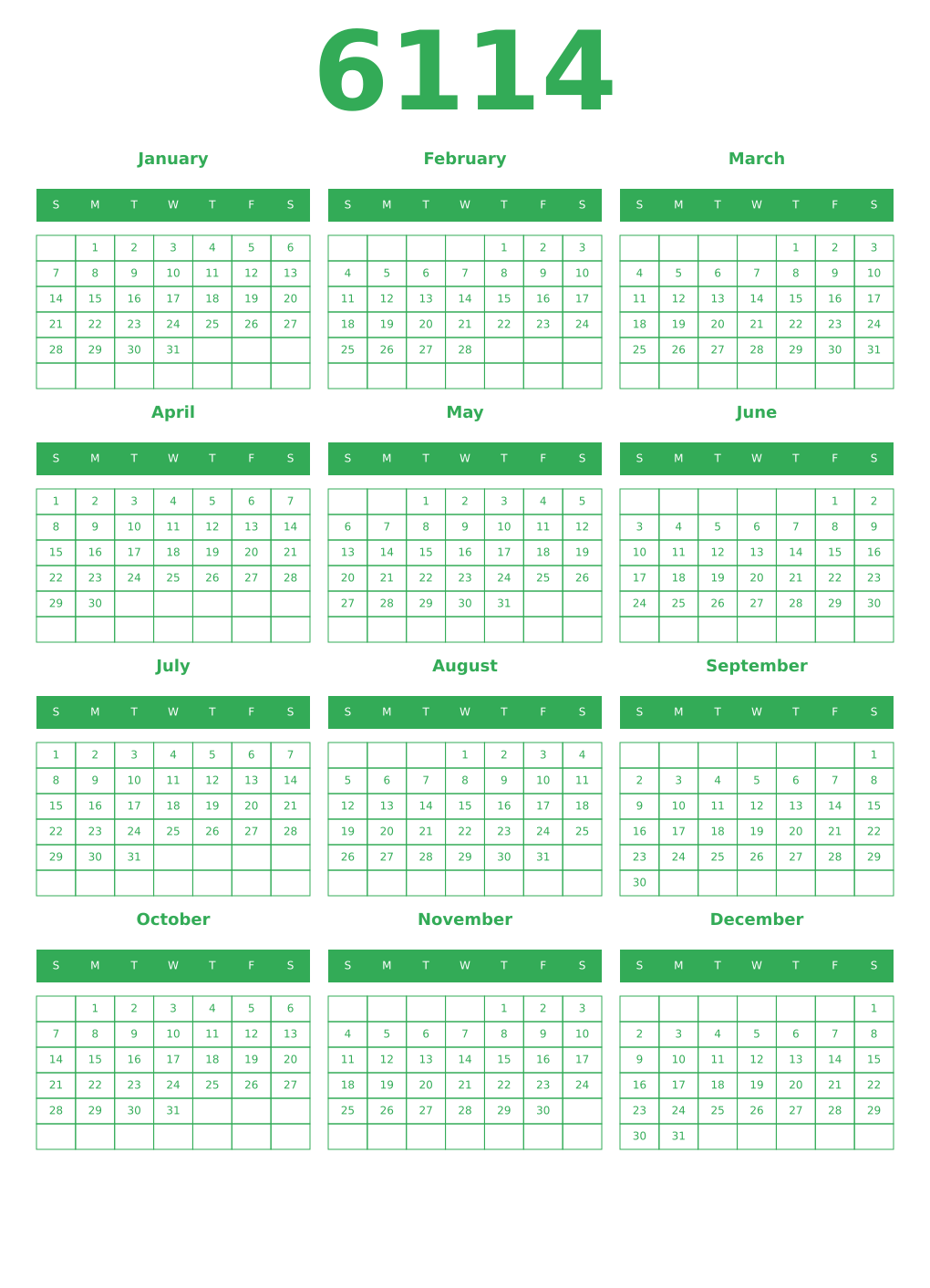 Printable 6114 Year Calendars green
