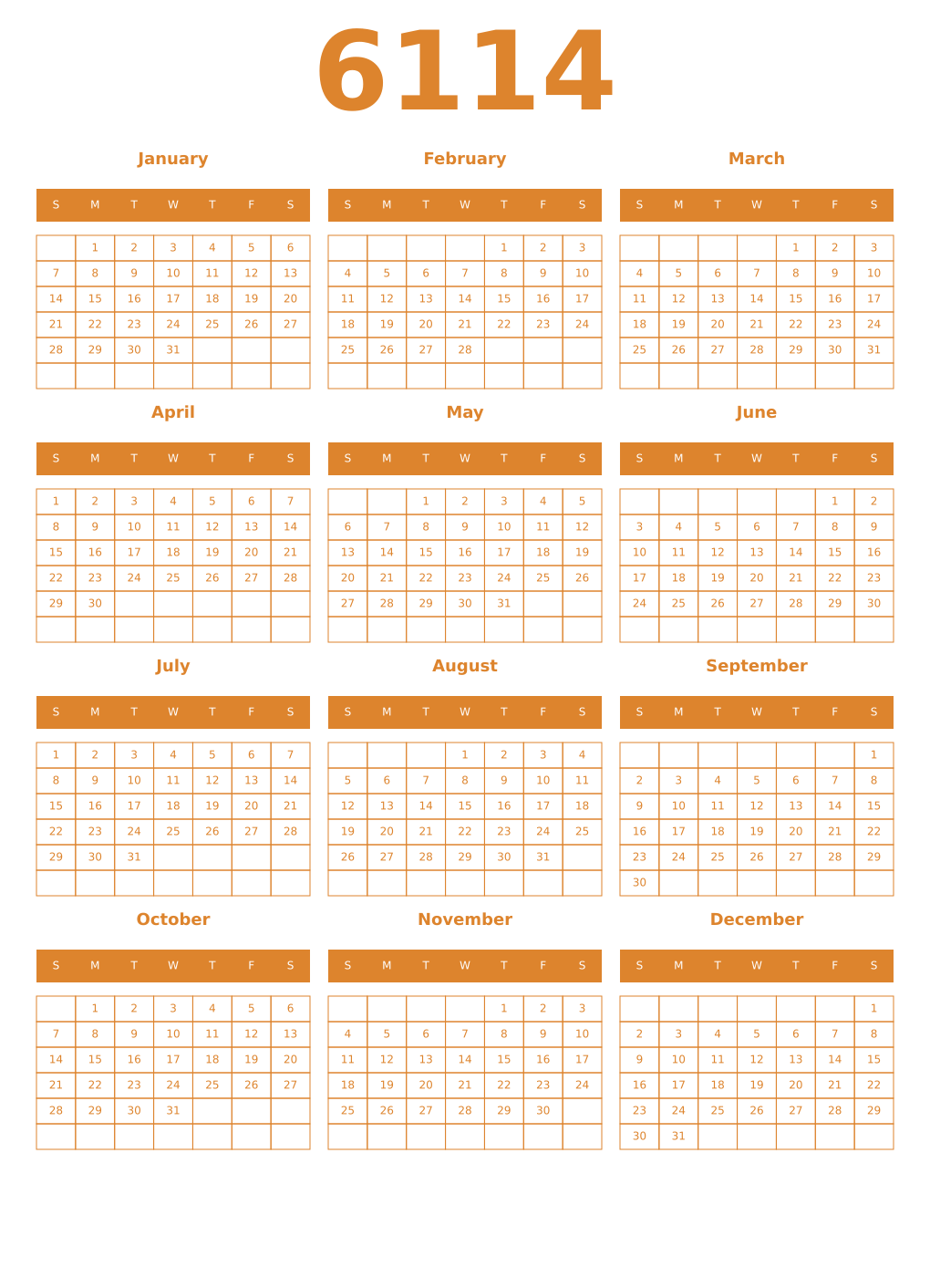 Printable 6114 Year Calendars orange
