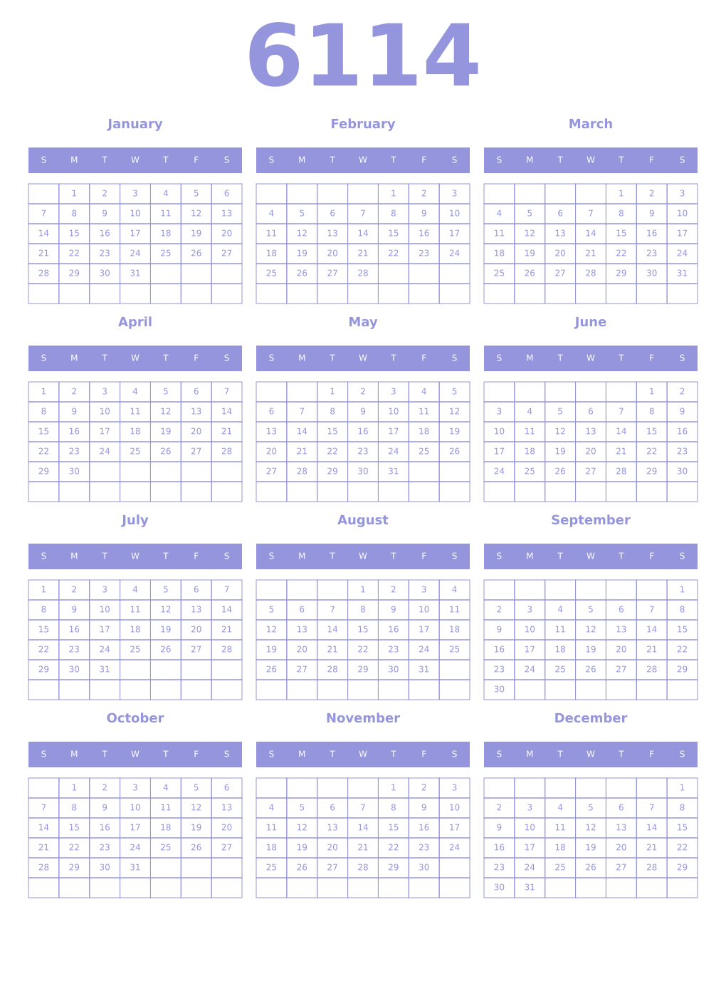Printable 6114 Year Calendars periwinkle