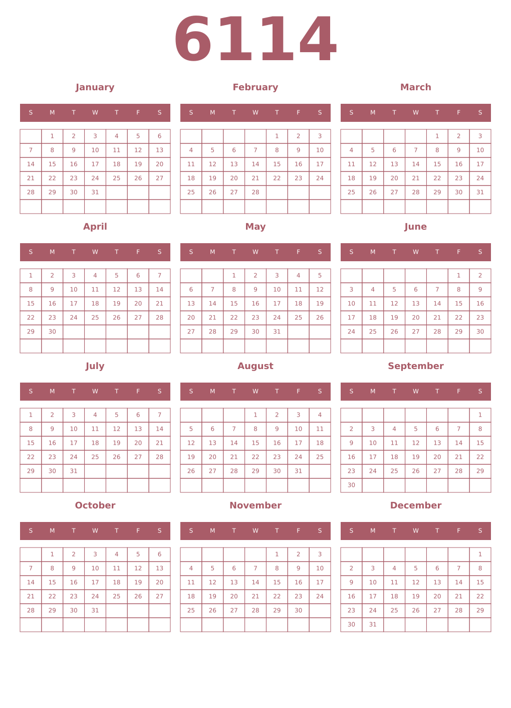 Printable 6114 Year Calendars puce