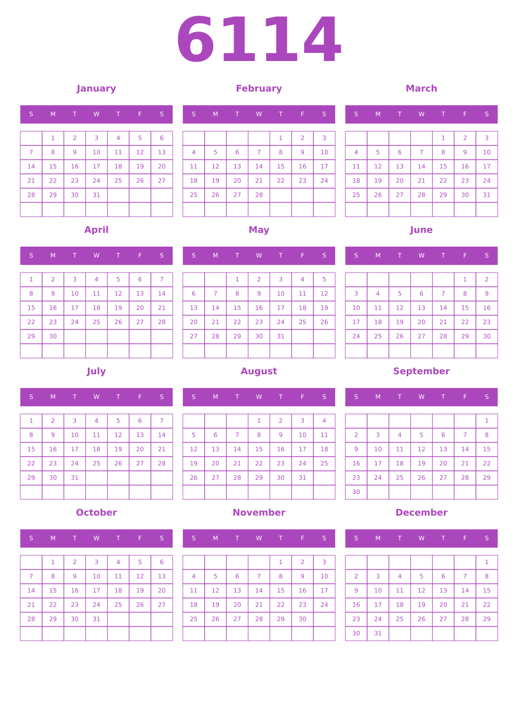 Printable 6114 Year Calendars purple