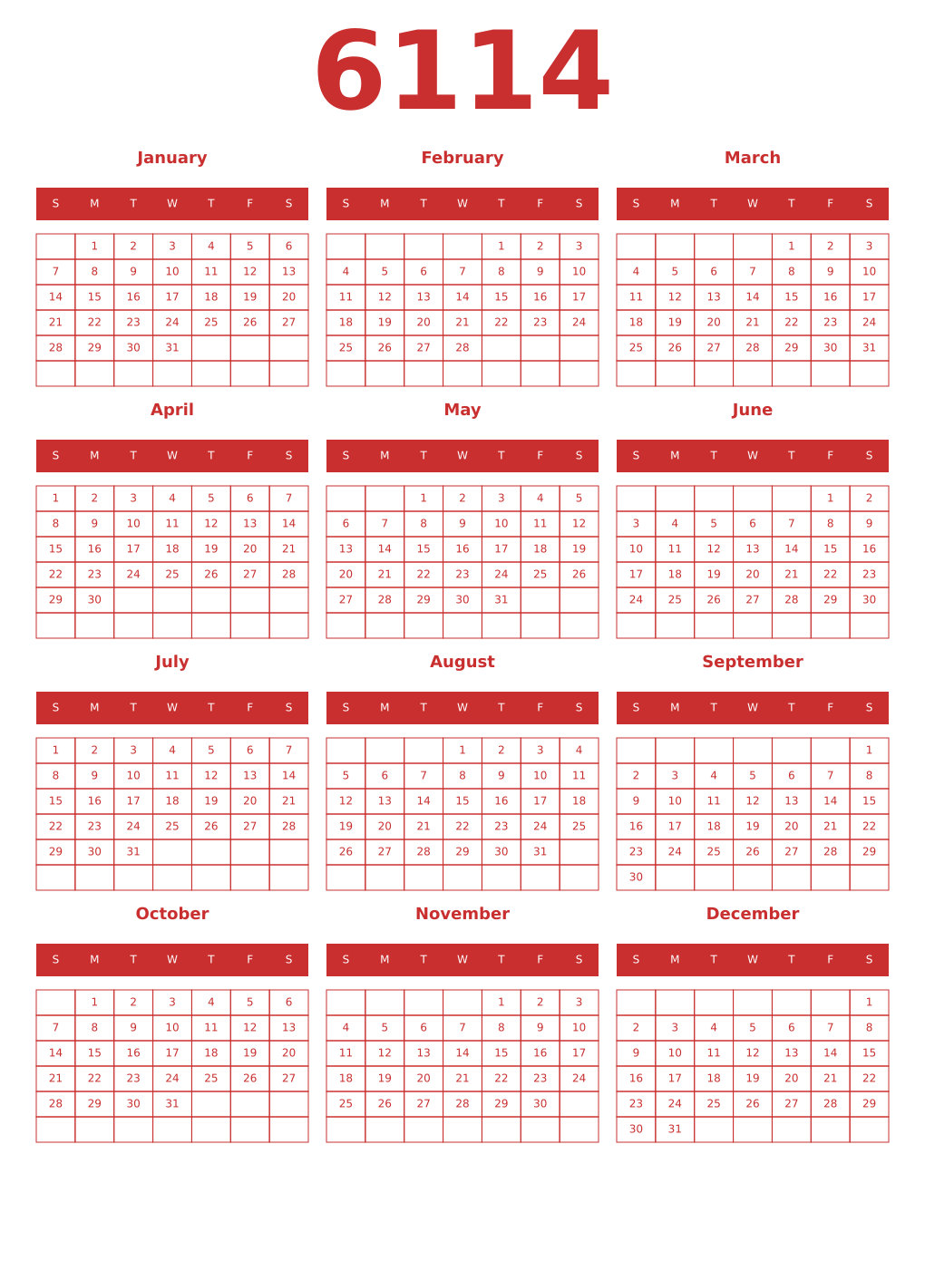 Printable 6114 Year Calendars red